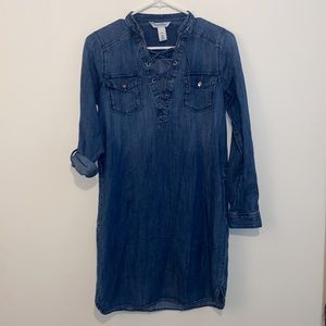 Size: 00 WHBM Denim Long Sleeve or 3/4 Sleeve with Snaps Mini Dress with Pockets